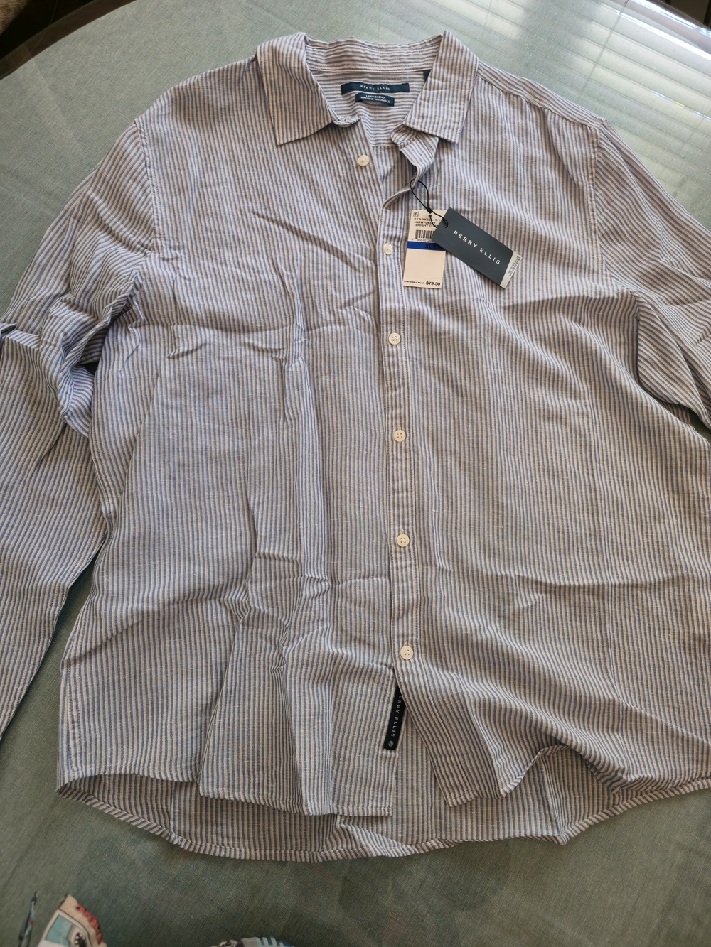 Perry Ellis Blue Stripe Cotton Button-Down Shirt